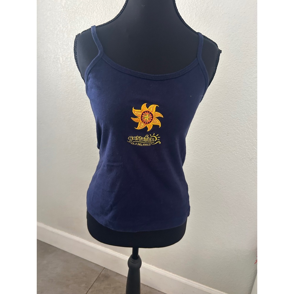 Y2K Lolas Garrafon Isla Mujeres Navy Blue Embroidered Sun Camisole Tank Top M